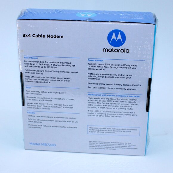 Motorola DOCSIS 3.0 MB7220 8x4 Cable Modem (Refurbished) 343 Mbps - Picture 3 of 5